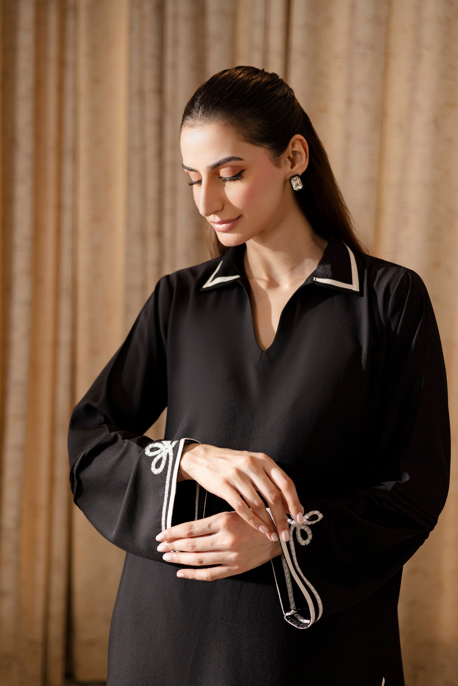 Embroidered Solid 2PC Dress - SP-06 Black