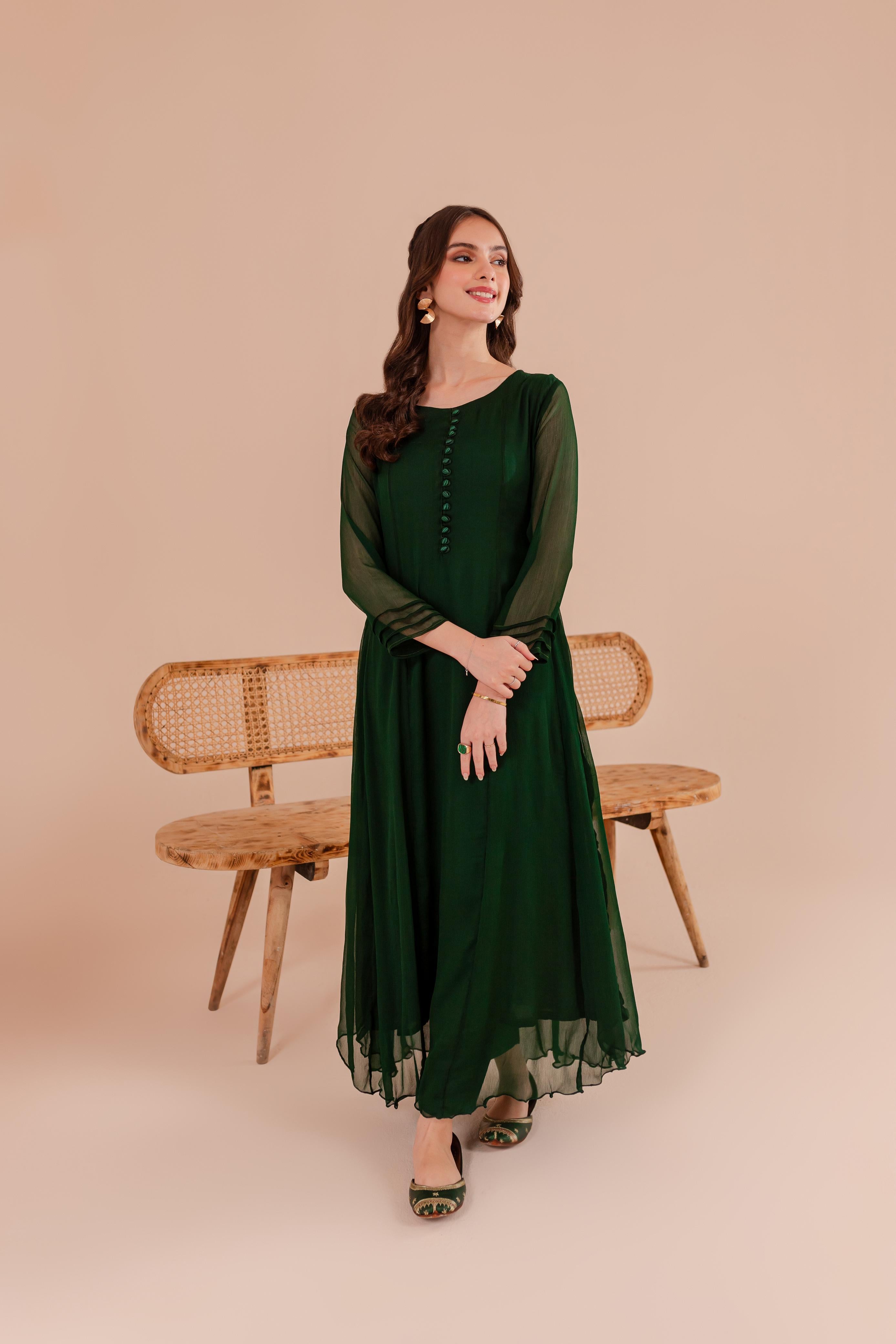 Buy Bottle Green Dress With Embroidery Online - Shop for W