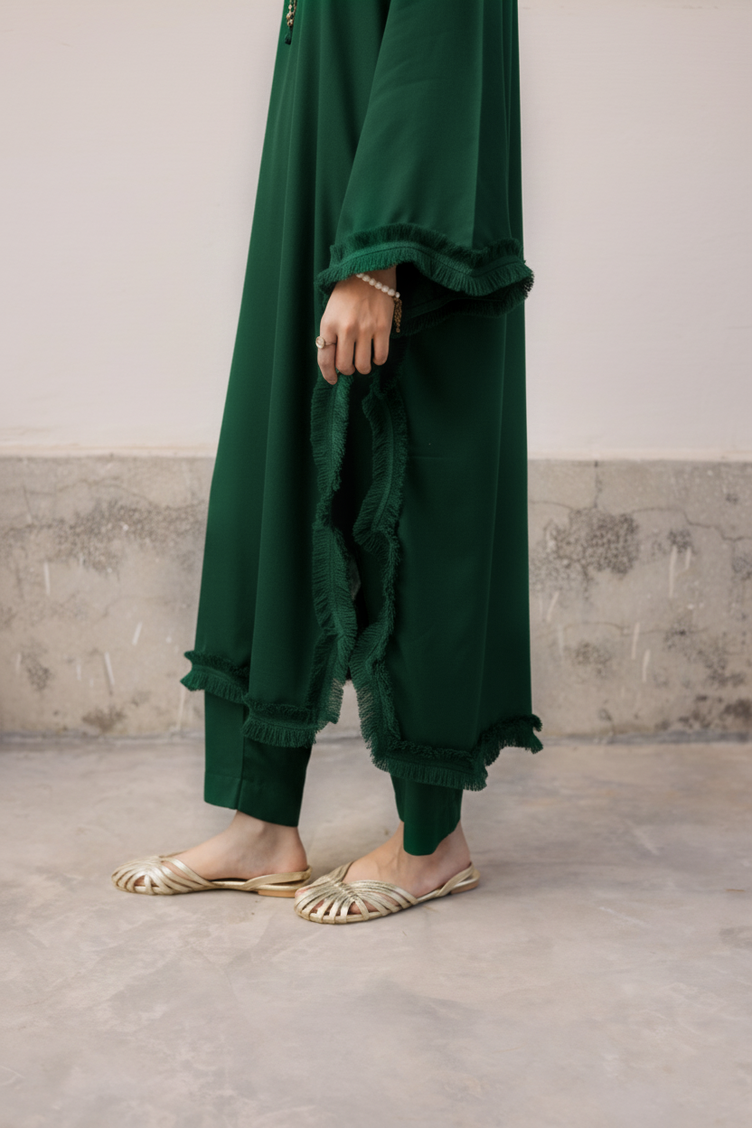 Solid Lace Work Dress-Emerald Green