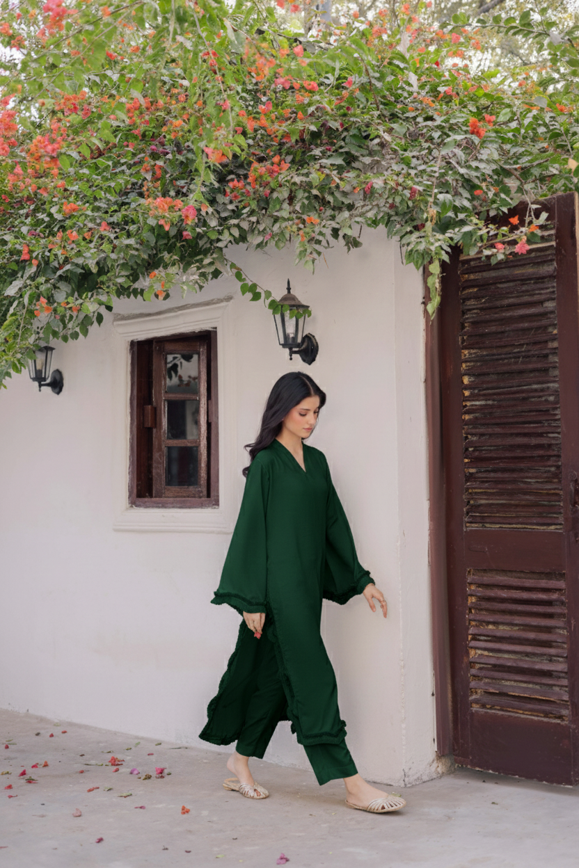 Solid Lace Work Dress-Emerald Green