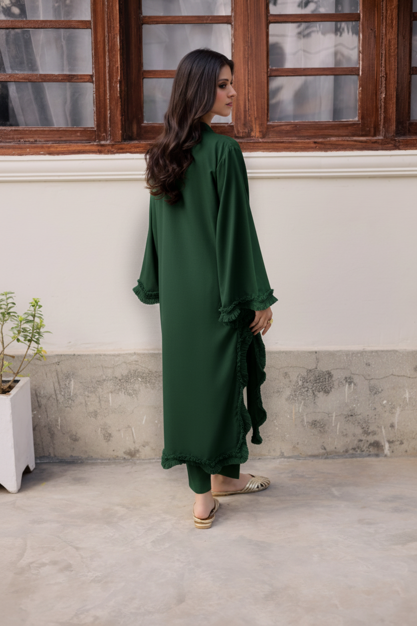 Solid Lace Work Dress-Emerald Green