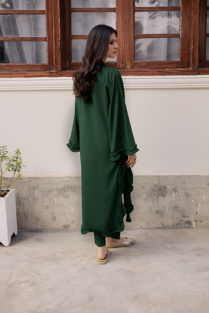 Solid Lace Work Dress-Emerald Green