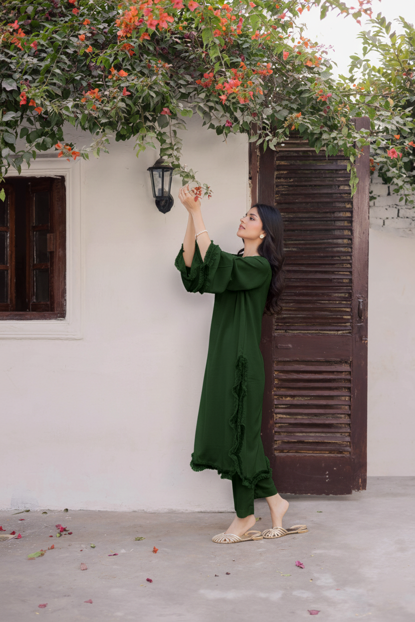 Solid Lace Work Dress-Emerald Green