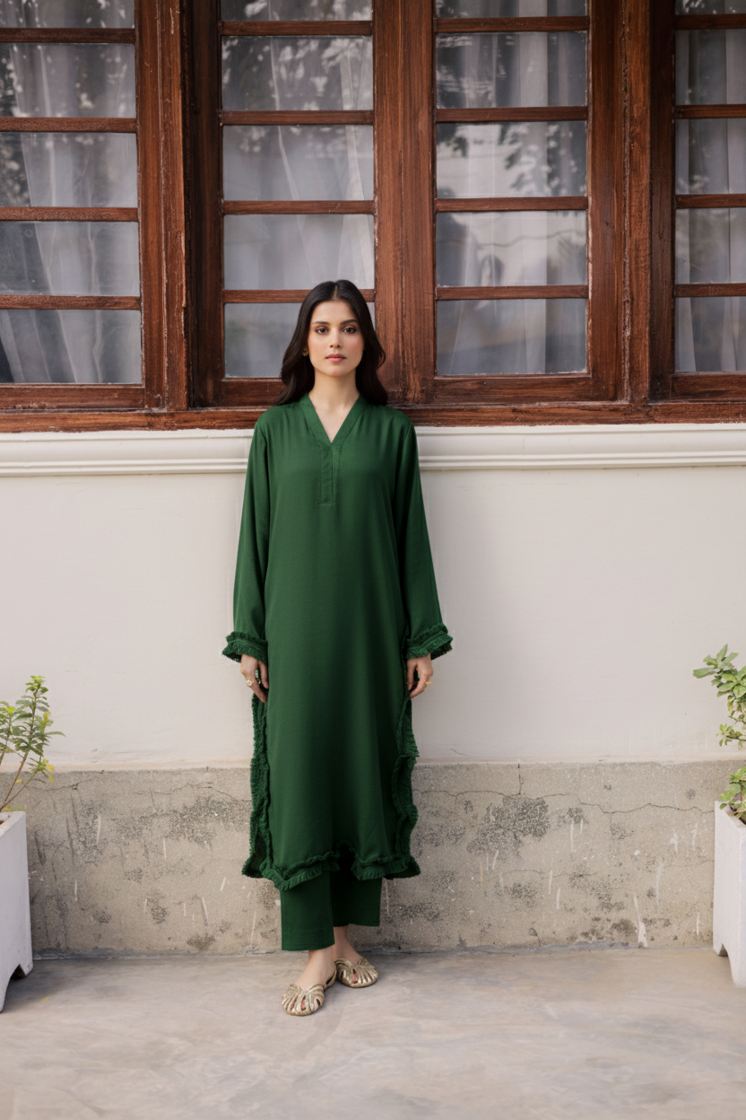 Solid Lace Work Dress-Emerald Green