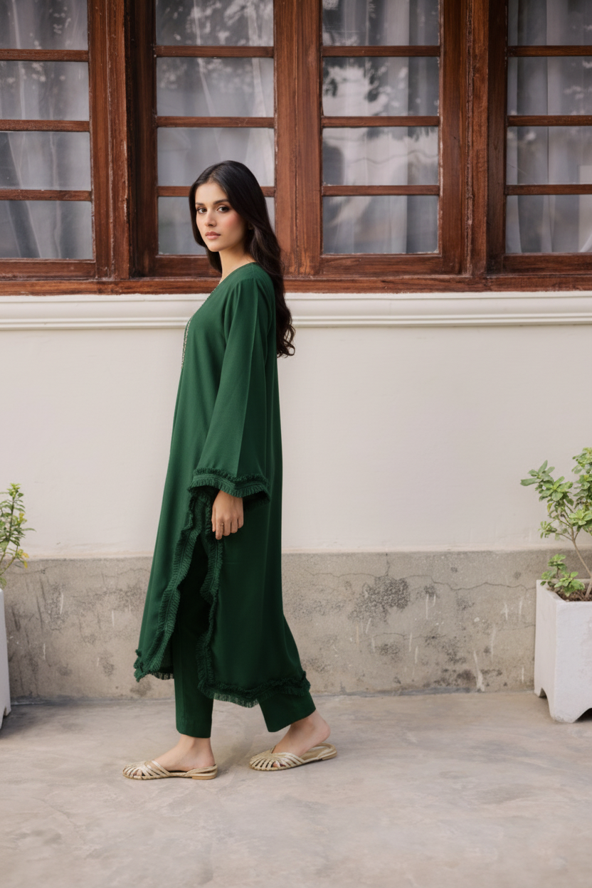 Solid Lace Work Dress-Emerald Green