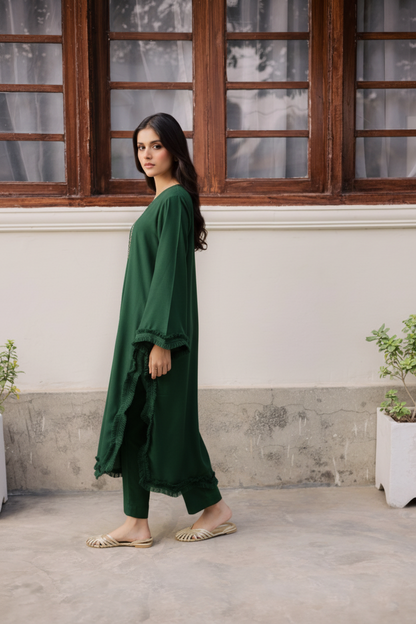 Solid Lace Work Dress-Emerald Green