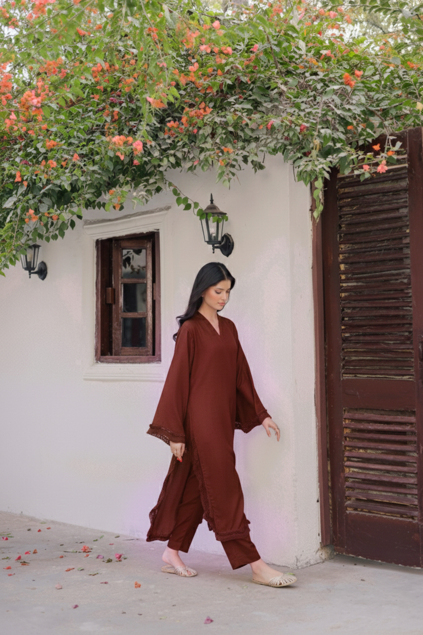 Solid Lace Work Dress-Chocolate Brown Silayi Pret Solid Lace Work Dress-Chocolate Brown Silayi Pret