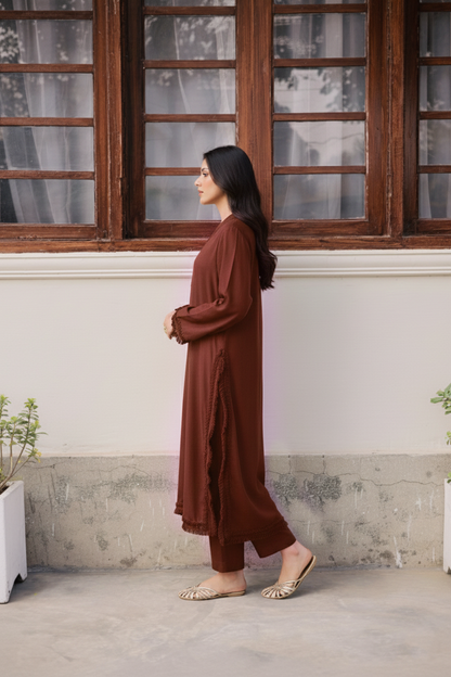 Solid Lace Work Dress-Chocolate Brown