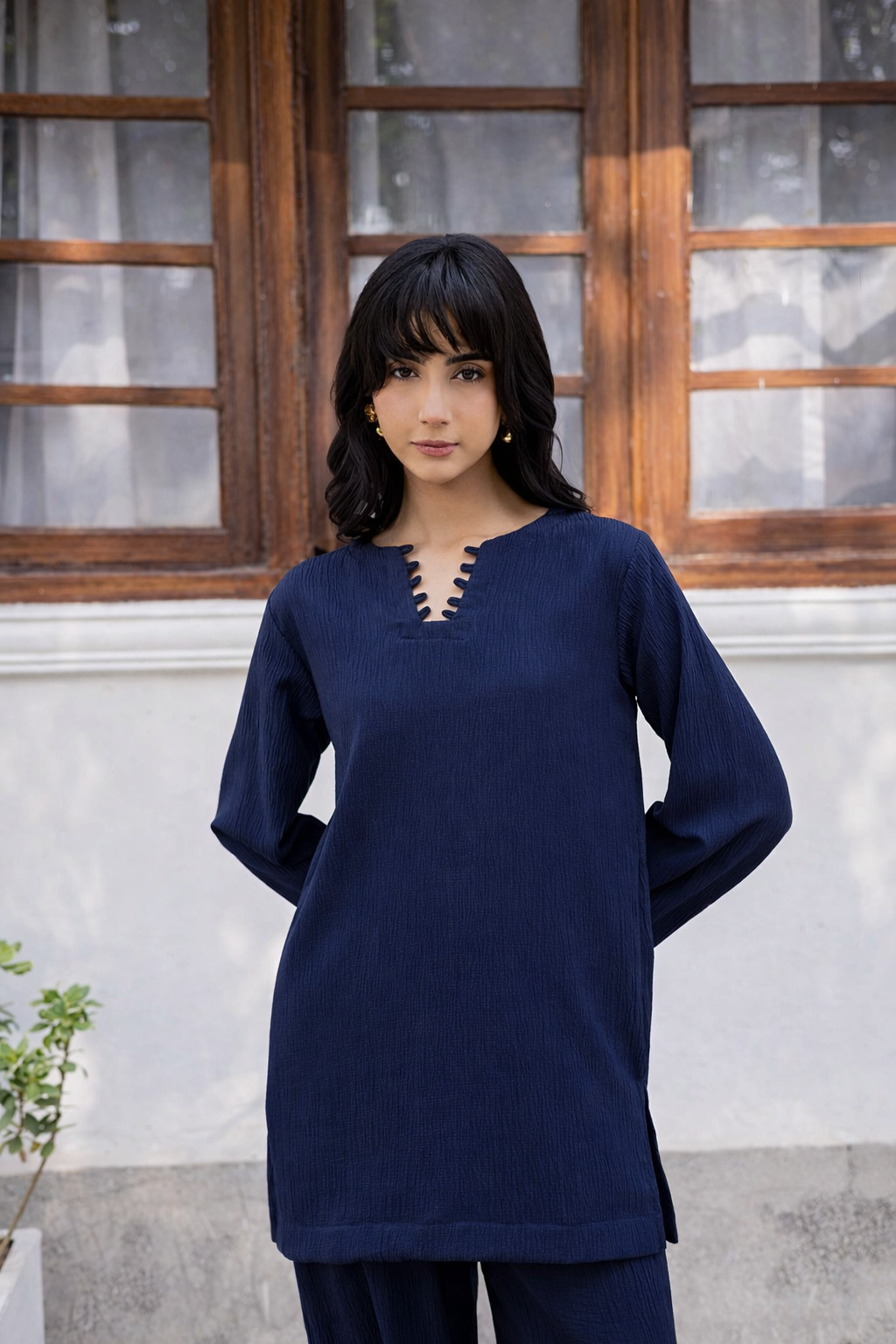 2PC Textured Dress-SB-Navy Blue