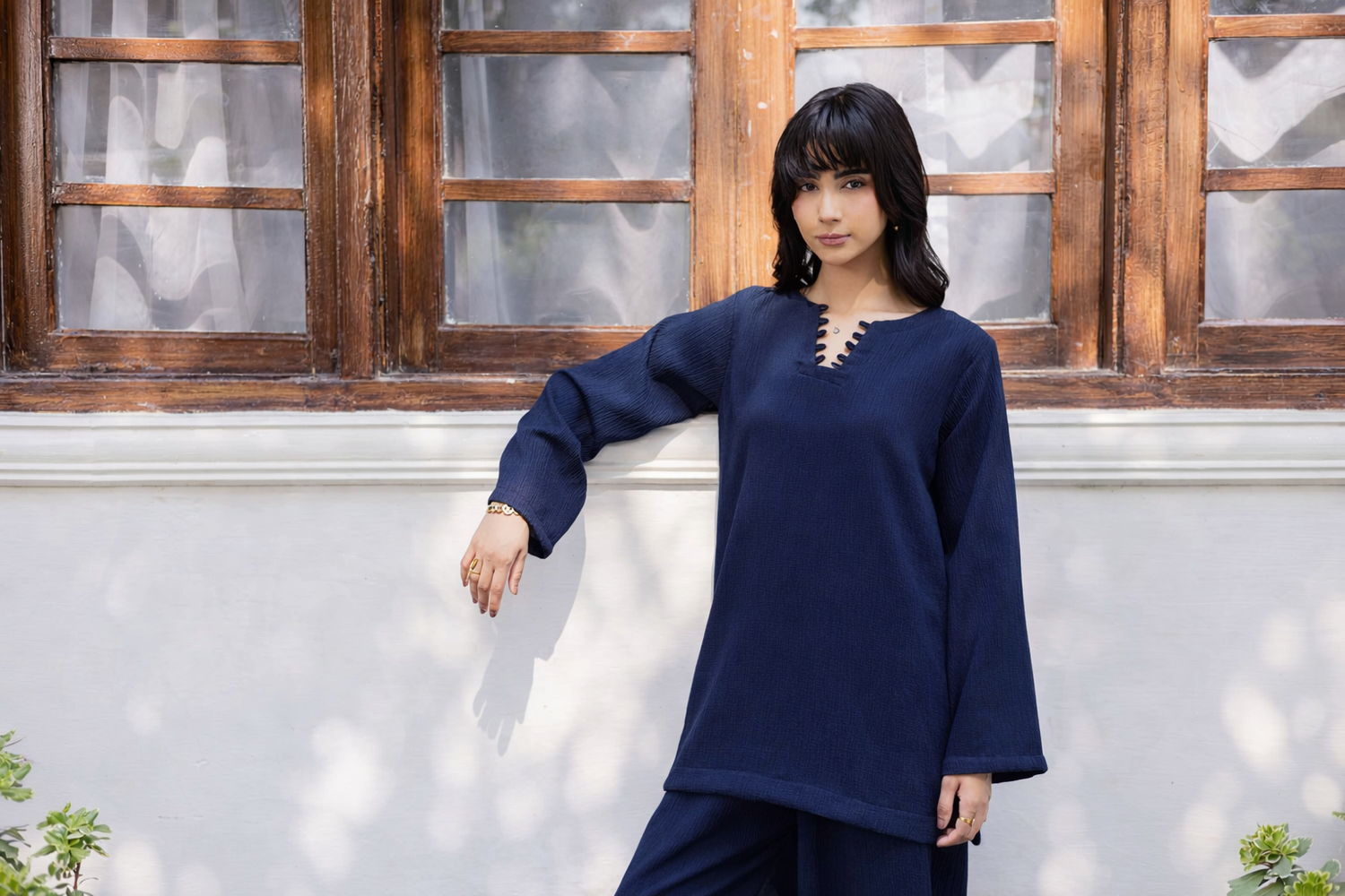 2PC Textured Dress-SB-Navy Blue