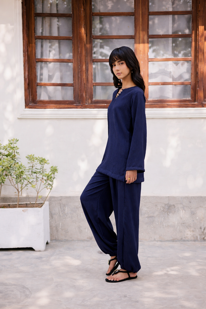 2PC Textured Dress-SB-Navy Blue