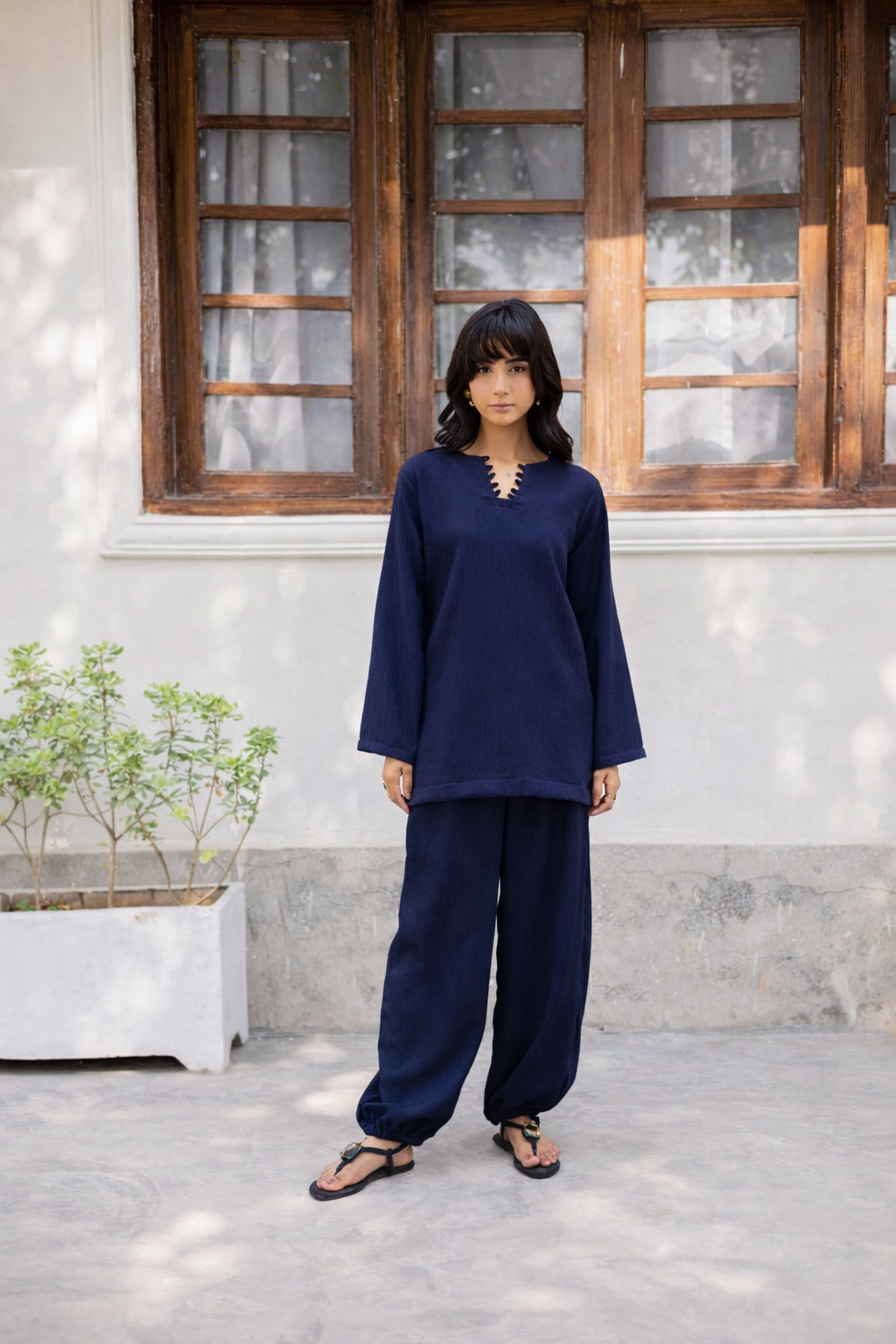 2PC Textured Dress-SB-Navy Blue