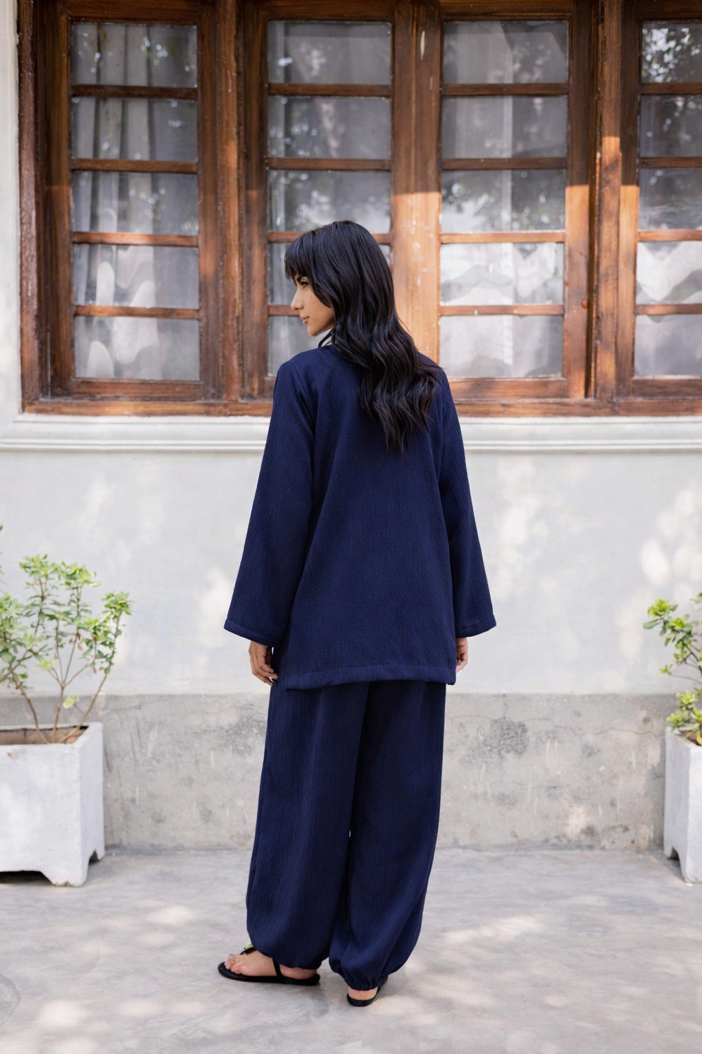 2PC Textured Dress-SB-Navy Blue