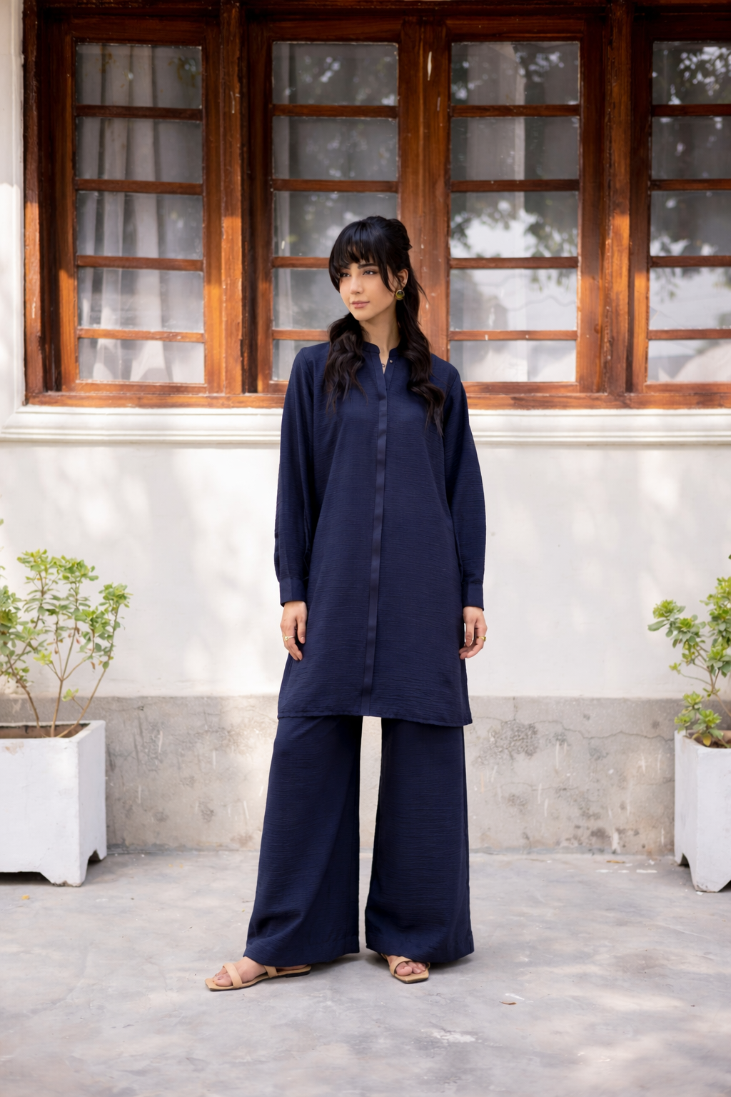 2PC Textured Dress-SP-Navy Blue