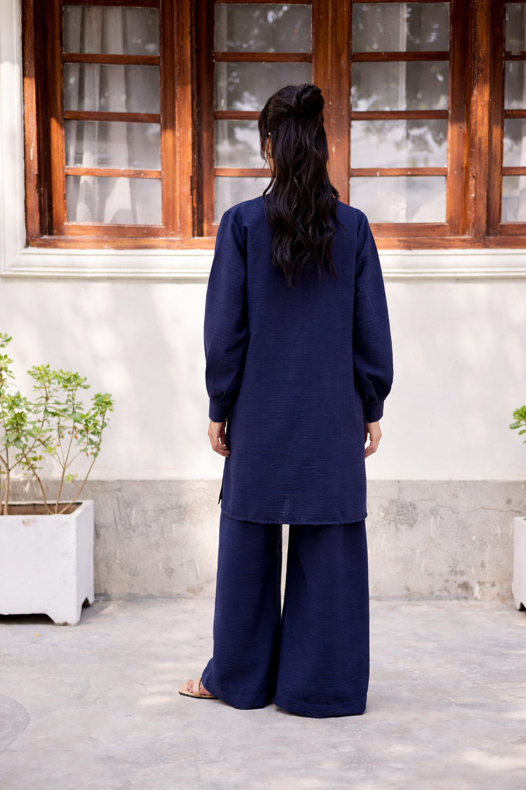 2PC Textured Dress-SP-Navy Blue