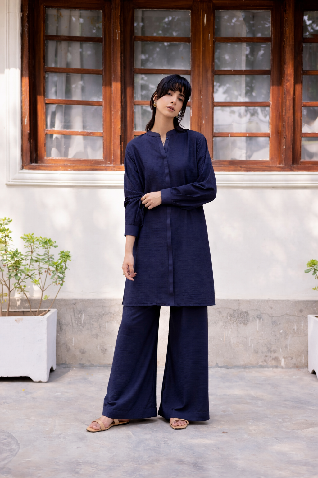 2PC Textured Dress-SP-Navy Blue