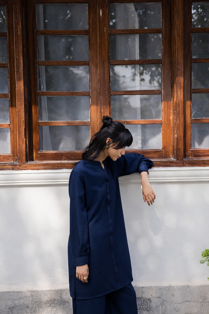 2PC Textured Dress-SP-Navy Blue