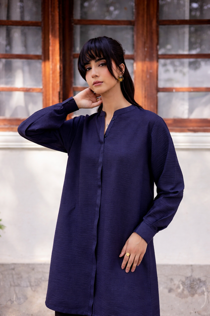 2PC Textured Dress-SP-Navy Blue