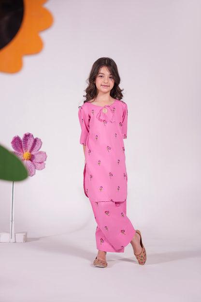2PC Kids Embroidered Dress - PNK1