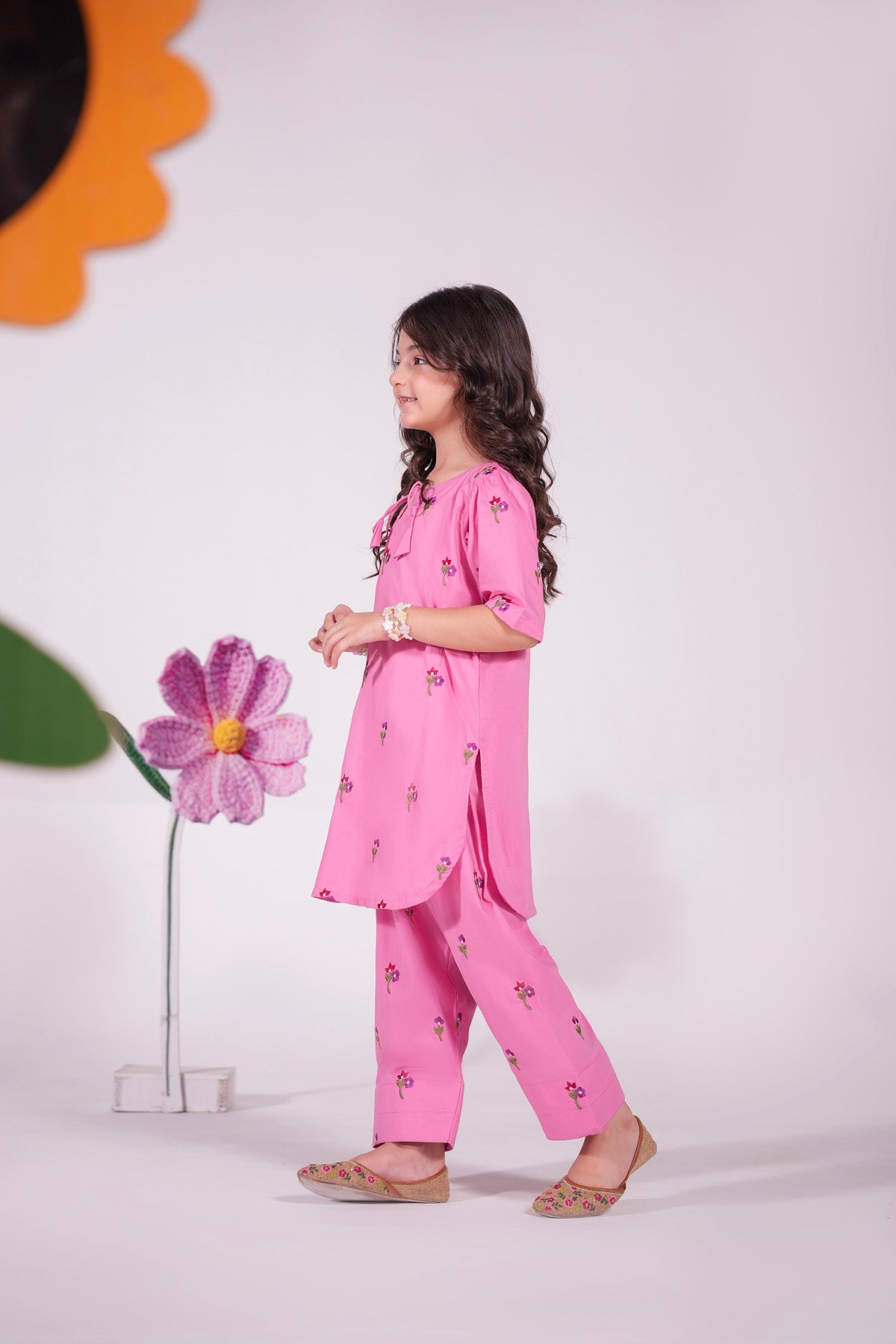 2PC Kids Embroidered Dress - PNK1