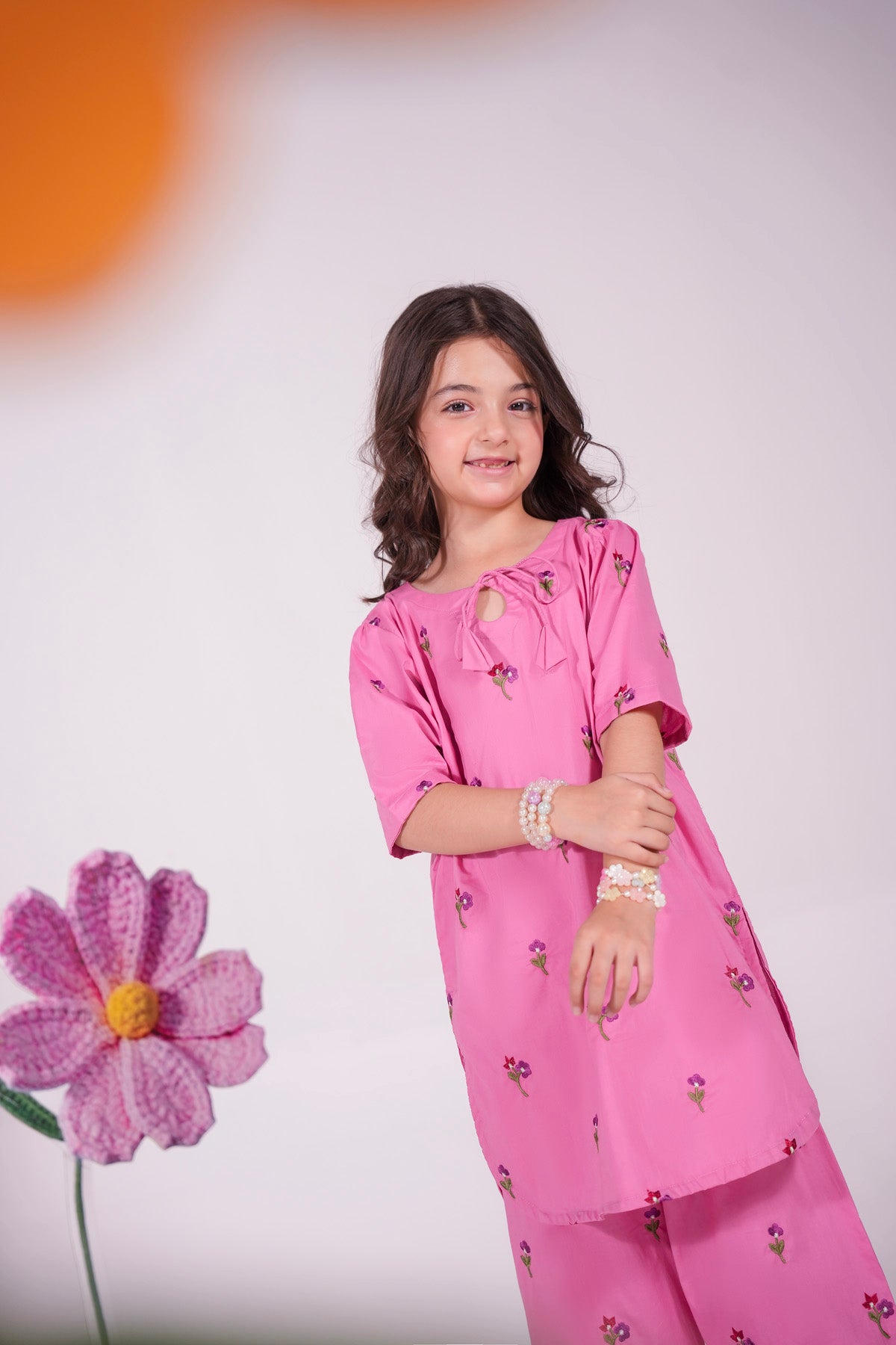 2PC Kids Embroidered Dress - PNK1