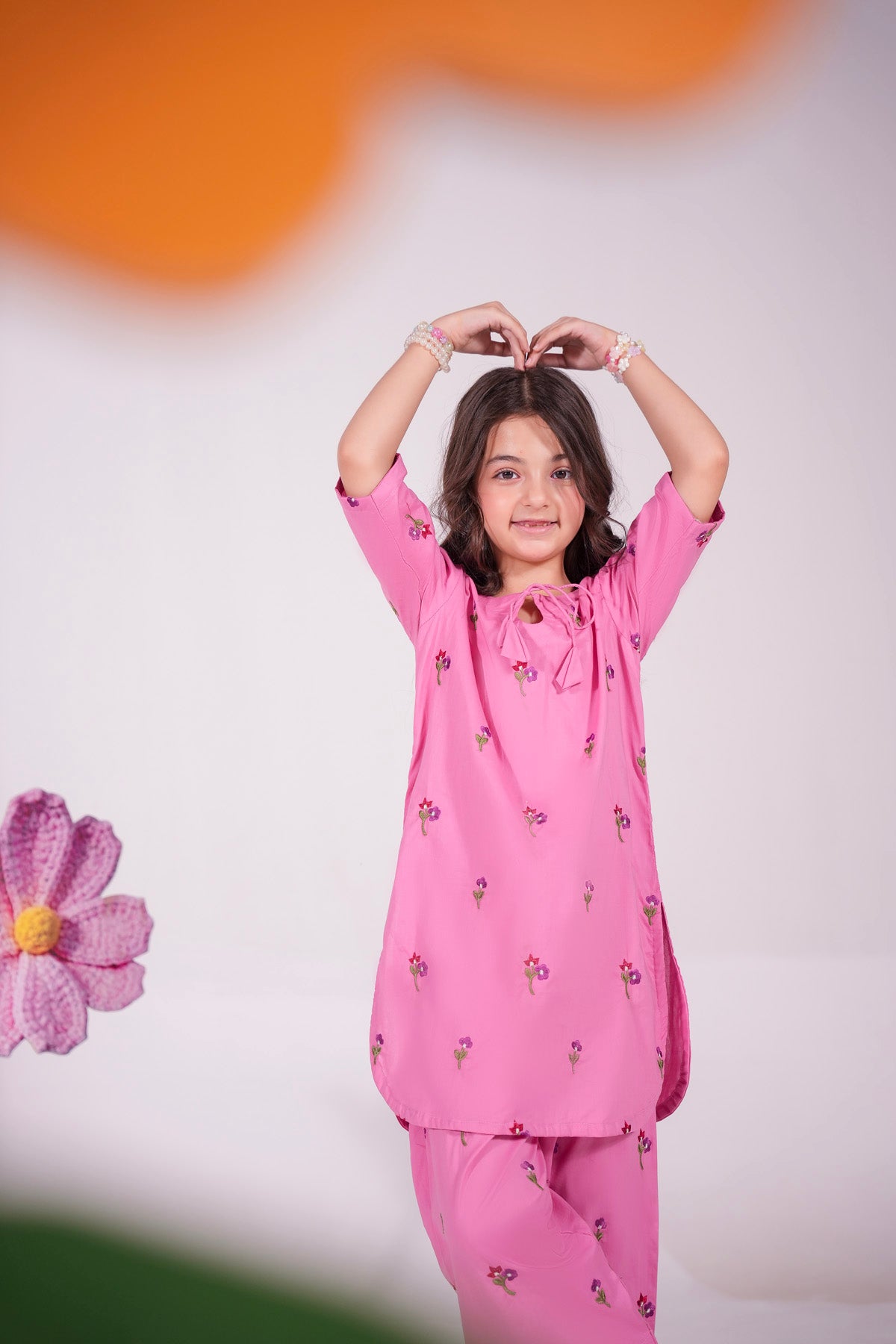 2PC Kids Embroidered Dress - PNK1