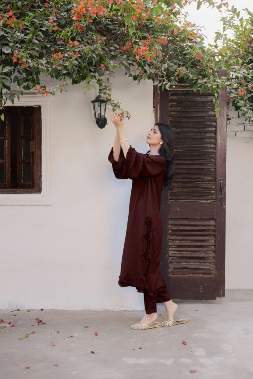 Solid Lace Work Dress-Dark Brown