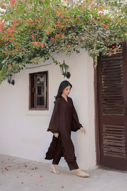 Solid Lace Work Dress-Dark Brown