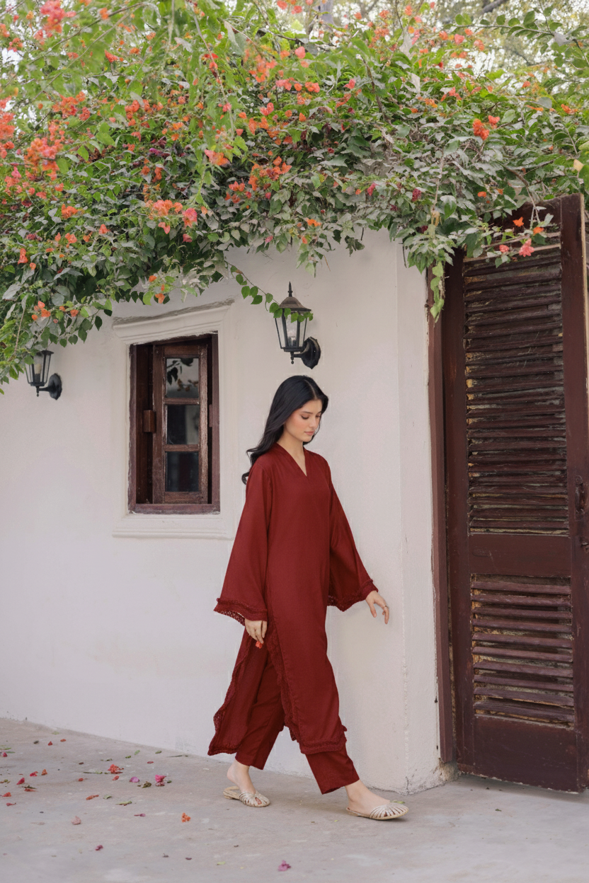 Solid Lace Work Dress-Maroon