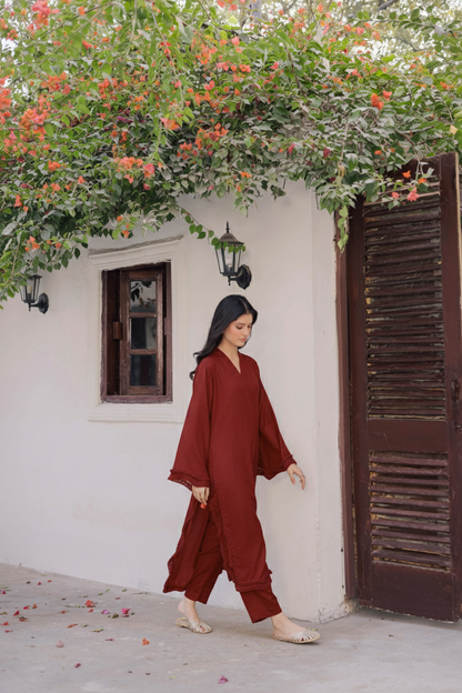 Solid Lace Work Dress-Maroon