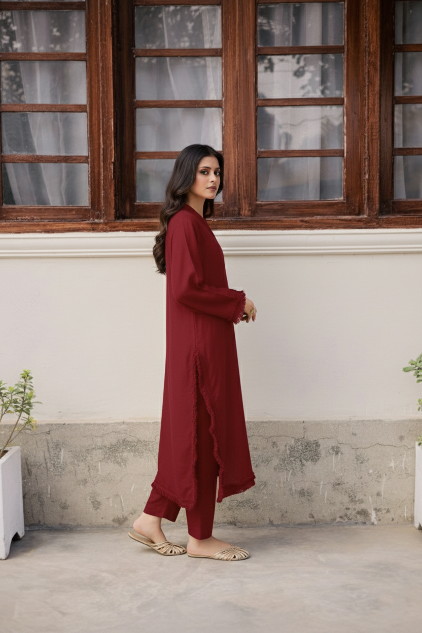 Solid Lace Work Dress-Maroon