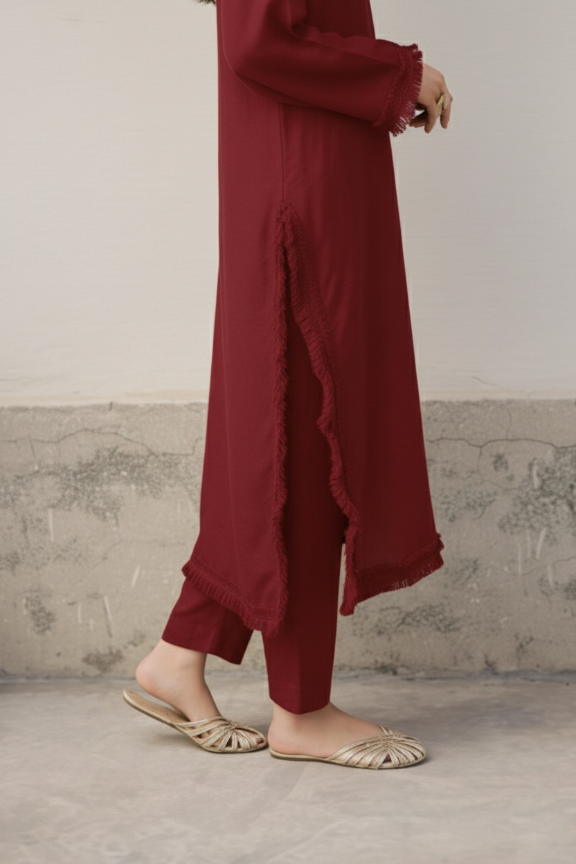 Solid Lace Work Dress-Maroon