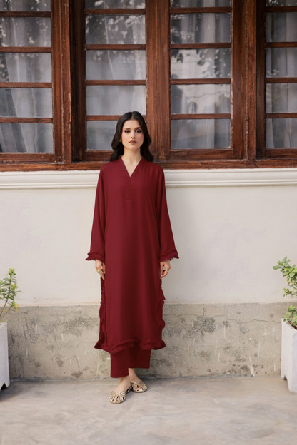 Solid Lace Work Dress-Maroon