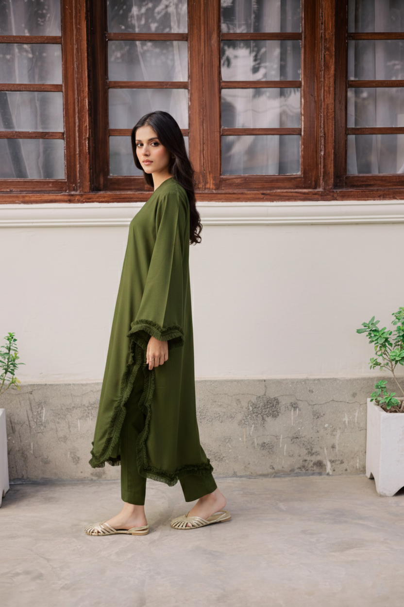 Solid Lace Work Dress-Olive Green