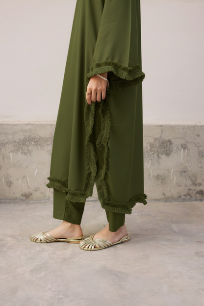 Solid Lace Work Dress-Olive Green