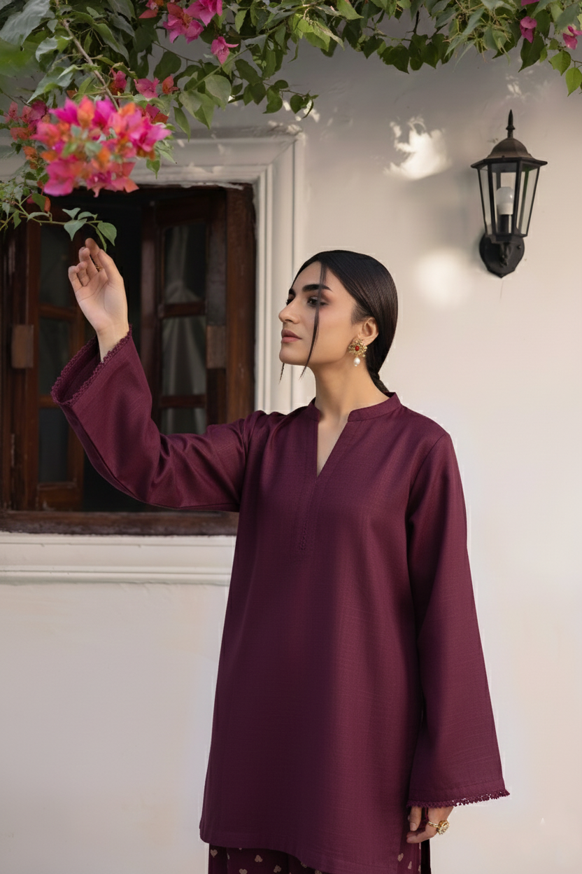 2PC Embroidered Khaddar MSK 05- Dark Plum