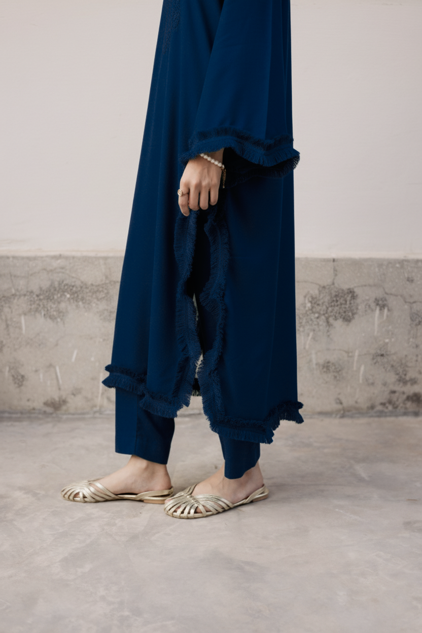 Solid Lace Work Dress-Teal