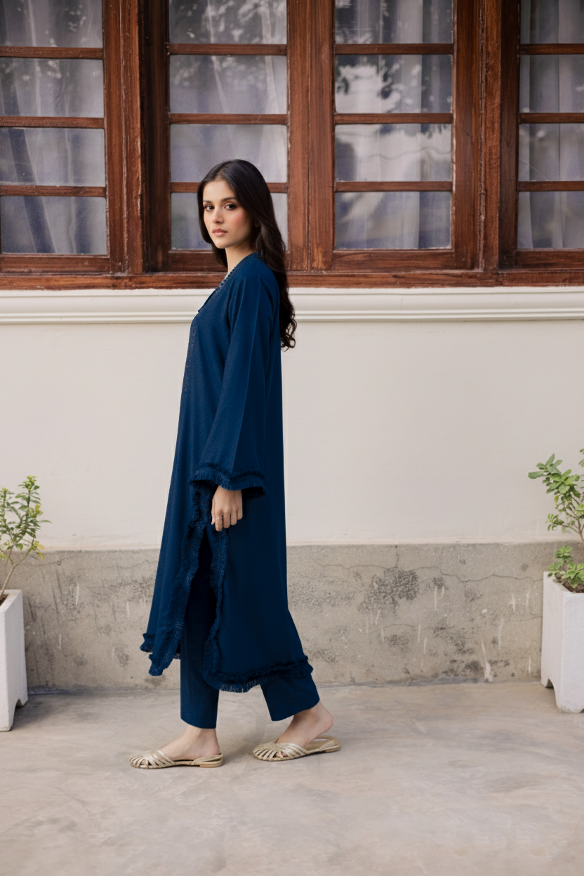 Solid Lace Work Dress-Teal