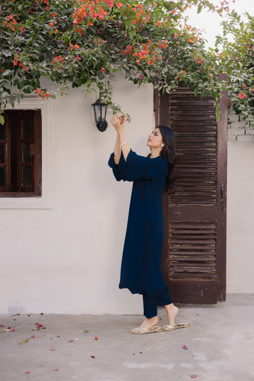 Solid Lace Work Dress-Teal