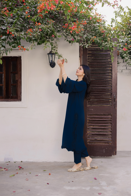 Solid Lace Work Dress-Teal
