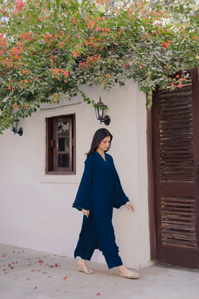 Solid Lace Work Dress-Teal