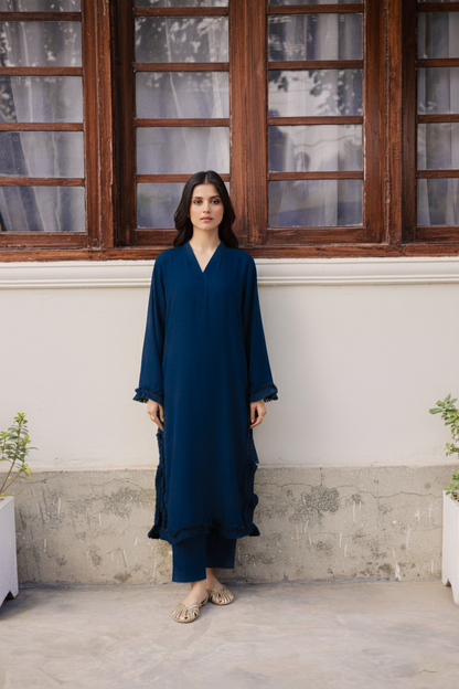 Solid Lace Work Dress-Teal