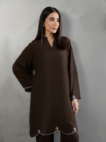 Embroidered Solid 2PC Dress - SP-04 Chocolate Brown