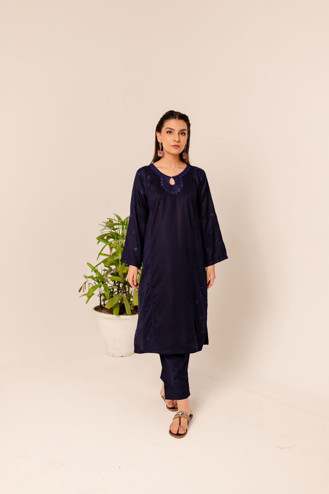 Blue Viscose Linen Embroidered Dress by Silayi Pret