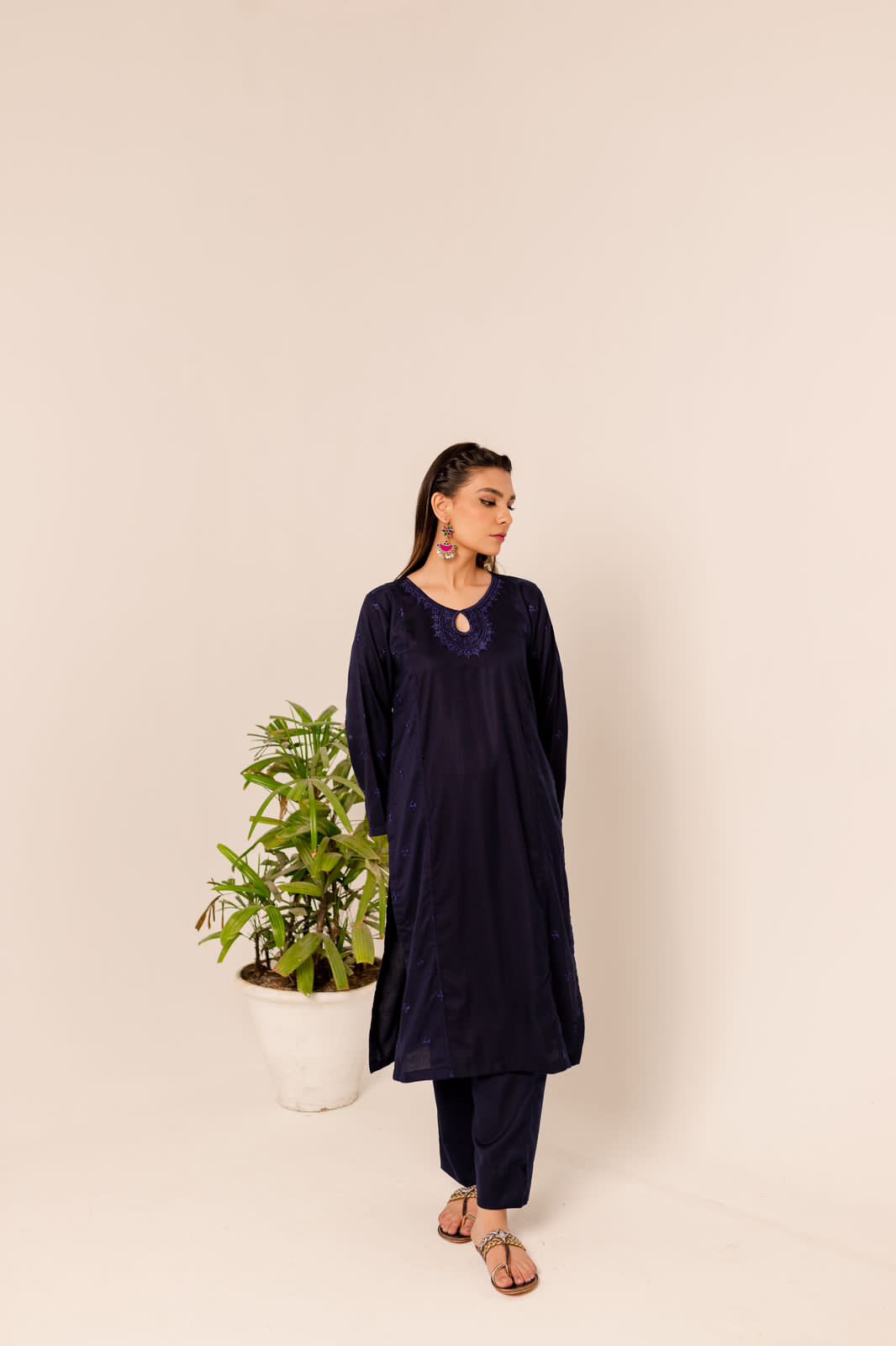 blue linen embroidered dress by silayi pret