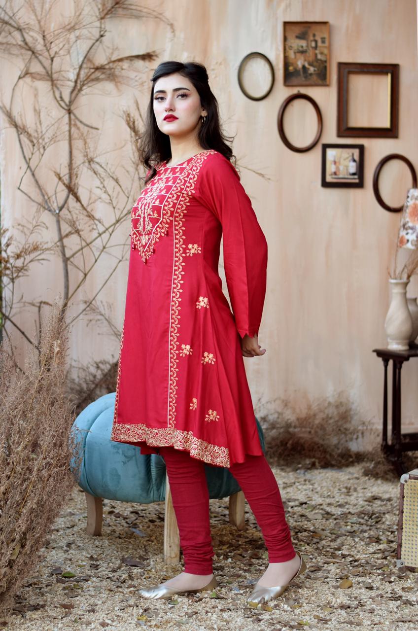 Red A-Line Embroidered Kurta