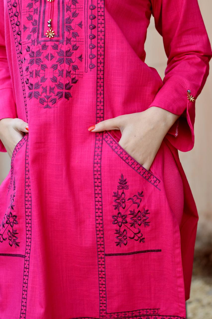Shocking Pink Khaddar Embroidered Kurta