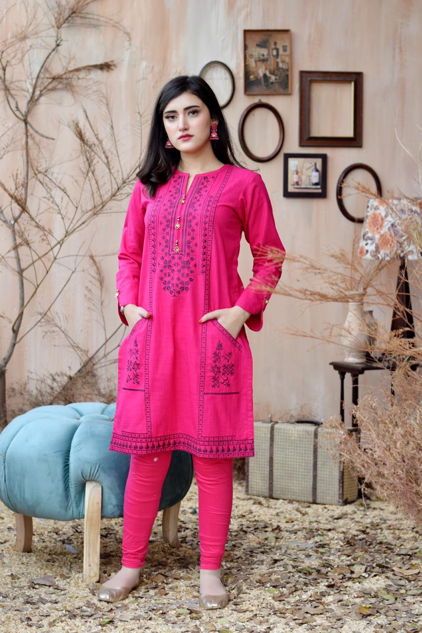 Shocking Pink Khaddar Embroidered Kurta