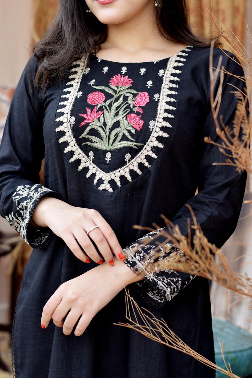 Black Khaddar Embroidered Kurta